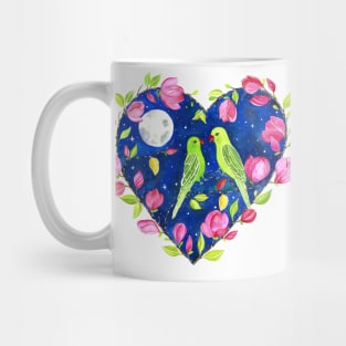 Parrots in Heart Magnolia Wreath Night Sky Blue and Pink Home Nursery Decor Mug